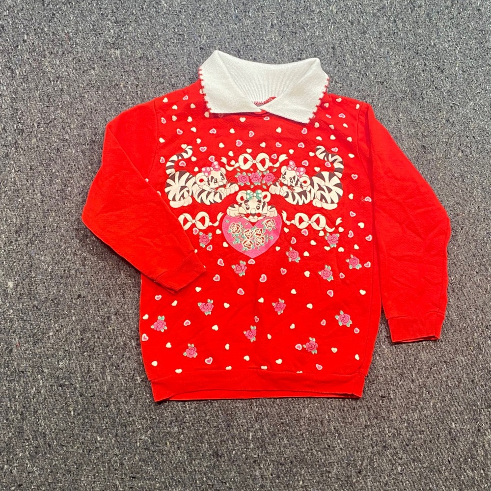 Crepe Suzette Sweatshirt Sz 4T Girls Red 90s Retro Tiger Heart White Collar